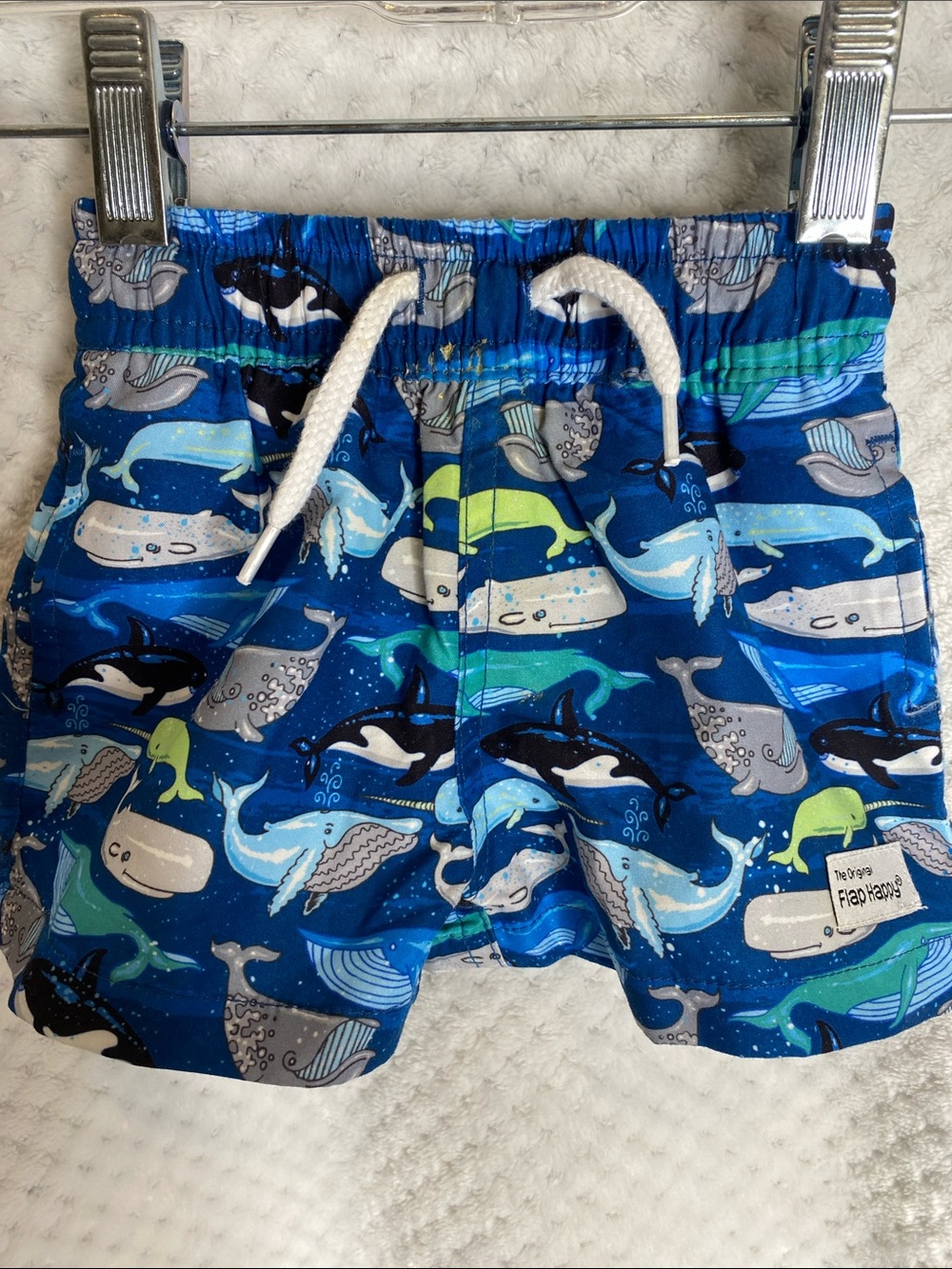 Flap Happy Blue Whales & Orca Print Swim Trunks Shorts bathing suit